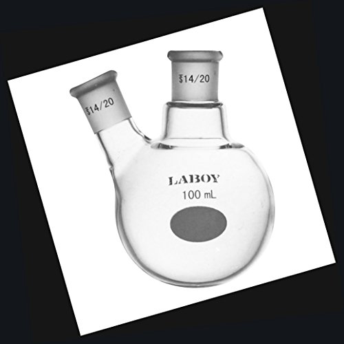 Laboy HMF011311 Glass 100 mL 2 Neck Round Bottom Boiling Flask with 14/20 Center and Side Joint Angled