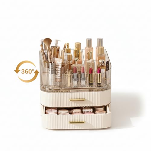BEMANZ Makeup Organizer with Stackable Drawers and Rotating Module, Transparent with Cream Drawer for Cosmetics, Brushes and Perfumes for Vanity and Desk Makeup Organizer