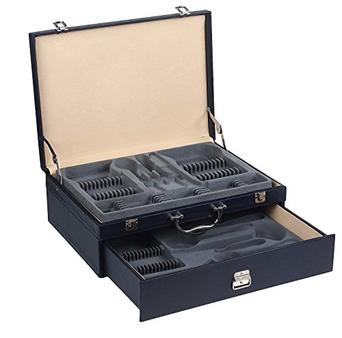 Italian Collection 'Lorena Platinum' 84-Pc Flatware Set w/Leather Storage Case, Dining Cutlery Service for 12, 24K Gold plated 18/10 Stainless Steel Hostess Serving Set in a Chest