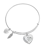 Sterling Silver Rose Husband & Wife Love Heart Feather Dangle Charm Family Adjustable Wire Bangle Bracelet