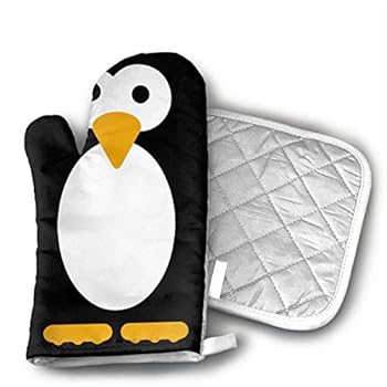 Cute Penguin Black Oven Mitts and Pot Holders Set with Polyester Cotton Non-Slip Grip Heat Resistant Oven Gloves for BBQ Cooking Baking Grilling