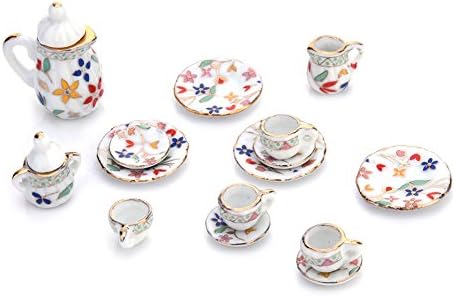 15 PCS Doll House 1:12 Mini Ceramic Tea Cup Set Porcelain Teapot Cup Dish Set Kitchen Accessories