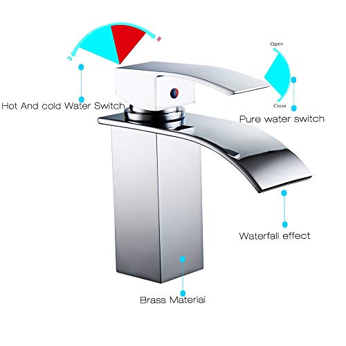 HEABLE Waterfall Bathroom Faucet Chrome, Single Handle Bathroom Sink Faucet One Hole Lavatory Vanity Faucet with Deck Plate - Thumbnail 4