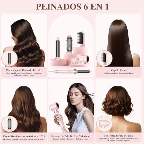 Secadora de Cabello 6 En 1 Profesional, 150,000 RPM Cepillo Secador de Cabello, Temperatura Ajustable Y Velocidades, Estilizador de Cabello con 6 Accesorios para Secado, Rizado, Alisado Y Voluminizar