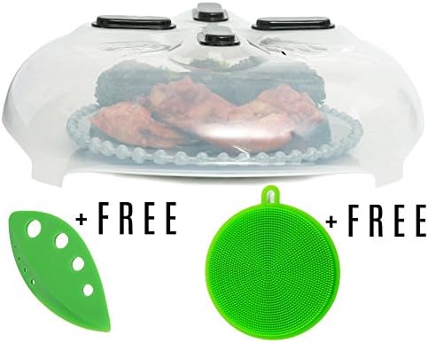 Magnetic Microwave Splatter Cover - Hover Anti-Splatter Guard Food Shield | Heat-Resistant Silicone Dome | Reusable, Non-Stick Surface | Free Kale and Herb Stripper and Silicone Dish Scrubber Sponge