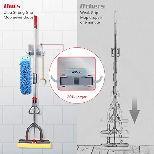 FlePow Broom Holder Wall Mount - Mop Broom Holder Gripper Self Adhesive Removable Waterproof No Drilling Garage Storage & Organization Hanger Hook for Kitchen and Bathroom, Garden, Closet (2 Pack)