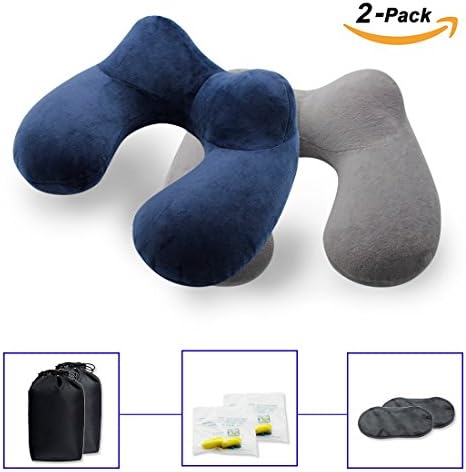 UPRetailer Inflatable Neck Pillow for Airplane Travel with Removable Cover,2 Set,Includes Ear Plugs,Eye Mask &amp; Bag
