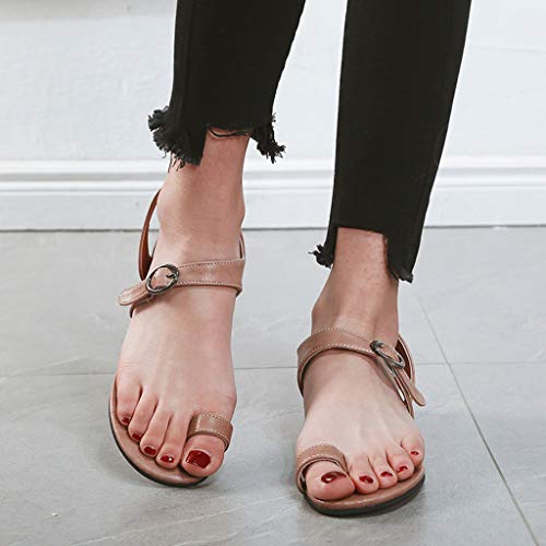 NIKAIRALEY Shoes Womens Gladiator Strappy Flat Open Toe Strap Ankle Wrap Summer Beach Breathable Flat Buckle Strap Sandals Pink