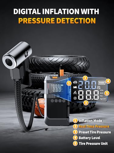 Car Jump Starter with Air Compressor, 6000A 160PSI Booster Pack(All Gas/12L Diesel), Battery Power Pack with Jump Cables, Car Battery Booster Jump Starter with Lights, Gloves