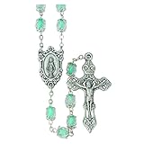 High Quality Silver Finished Catholic Rosary Wearable Length Necklace With Vintage Virgin Saint Mary Miraculous Medal Center and 6mm Pale Green Crystal Beads and Cross Extraordinary Detail Crucifix Pendant
