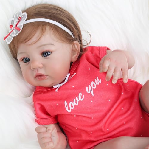 Bebê Reborn Boneca Menina Realista Silicone Olhos Azuis Macacão Vermelho 48cm Cabelo Implantado com Acessórios Original Presentes