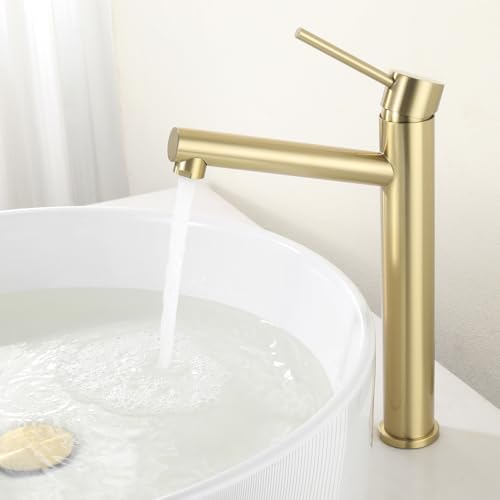 Tondiy High Gold Basin Faucet, Countertop Basin Mixer, Adjustable Hot and Cold Bathroom Taps, Stainless Steel, Removable Aerator, Gold