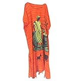 Womens Kaftan Dress Orange Printed Caftan Long Bohemian Resortwear Dress