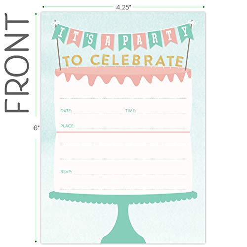 Koko Paper Co Birthday Cake Invitations. Set of 25 Fill-In Style Cards and White Envelopes. Design with Two-tiered Birthday Cake with Banner and Cake Toppers. - Thumbnail 3