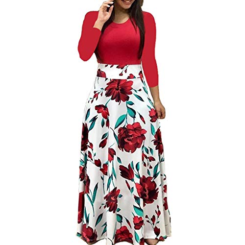 Women's Maxi Dress Floral Printed Patchwork Long Sleeve Casual Tunic Long Maxi Dress, Red L