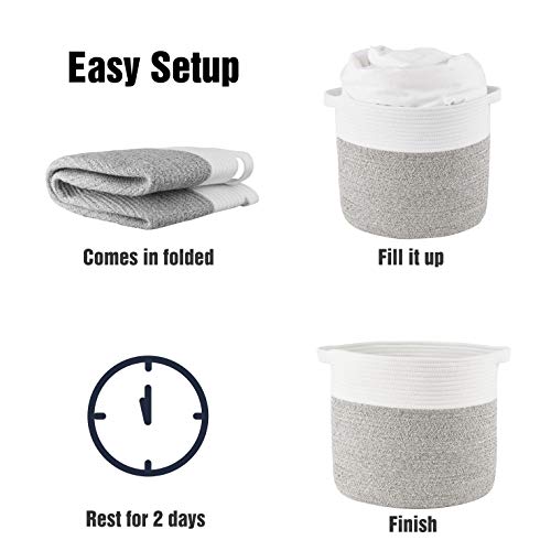 HITSLAM Woven Rope Basket with Handles, Collapsible Laundry Basket, Cotton Storage Basket for Towels Blanket Toys (Gray) - M - Thumbnail 7
