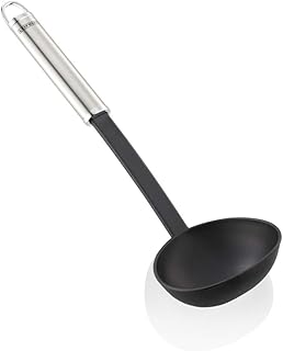 Leifheit Schöpflöffel 32 cm NylonSterling-Serie, Suppenkelle aus rostfreiem Edelstahl und Nylon zum Kochen ohne Kratzer, Schöpfkelle mit ovalem Griff und praktischer Aufhängeöse, Soßenlöffel, silber