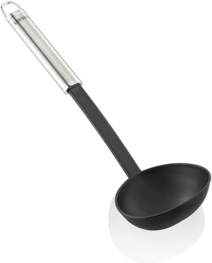 Leifheit Schöpflöffel 32 cm NylonSterling-Serie, Suppenkelle aus rostfreiem Edelstahl und Nylon zum Kochen ohne Kratzer, Schöpfkelle mit ovalem Griff und praktischer Aufhängeöse, Soßenlöffel, silber