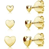 3 Pairs Tiny Love Heart Stud Earrings Sterling Silver Plated Set for Women Cute Cartilage 20g Studs Tragus Sleeper Post Hypoallergenic Piercing Jewelry Gifts Gold-Toned