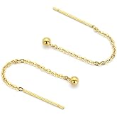 Threader Bead Tassel Drop Earrings for Women Girls S925 Sterling Silver 2mm Tiny Ball Long Chain Dangle Minimalism Ear Piercing Studs Jewelry Hypoallergenic Fashion Gifts