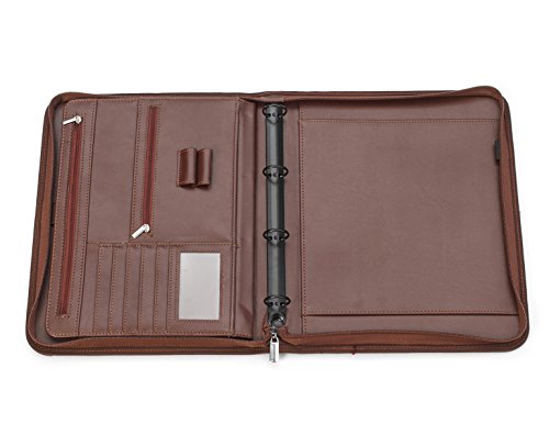 Professional Executive Business Padfolio Portfolio Case - PU Leather Resume & Document Organizer with 4 Ring Binder, 10.1 Inch Tablet Sleeve, Zipper, Premium Paper Pad – Almond Brown