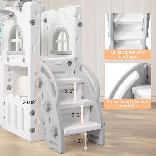 Garvee 8-in-1 Toddler Slide Playset for Kids Age 1-3, Freestanding Indoor Outdoor Baby Playset with Basketball Hoop, Steering Wheel, Telescope, Crawl Tunnel and Toy Storage