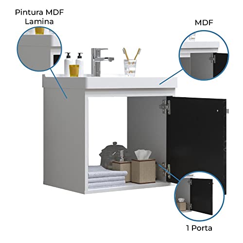RIVERZZA Gabinete com Cuba de Banheiro 100% MDF Branco Marmorizado Preto - Veneto