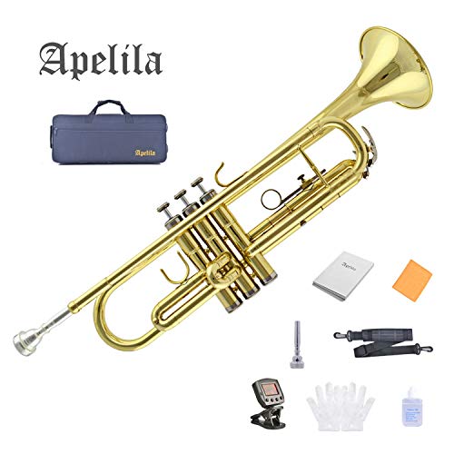Apelila Gold Trumpet Brass Standard Bb Trumpet-Student Beginner with Hard Case,Gloves,Mouthpiece,Soft Cleaning Cloth,Strap,and Valve Oil - Thumbnail 2