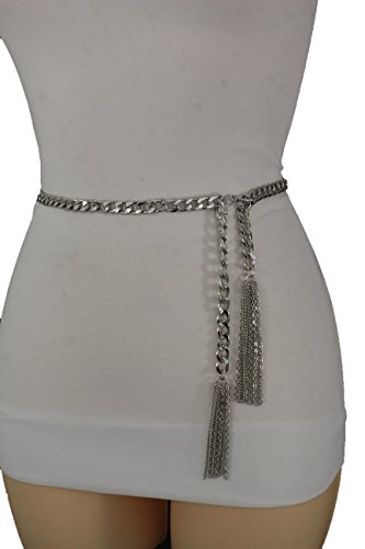 TFJ Women Fashion Metal Chains Belt Hip Waist Wrap Around Fringes Plus M L Silver
