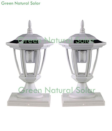 2-Pack WHITE Solar Hexagon Post Cap Lights with WHITE LEDS for 5X5 Fence Post- GREEN NATURAL SOLAR