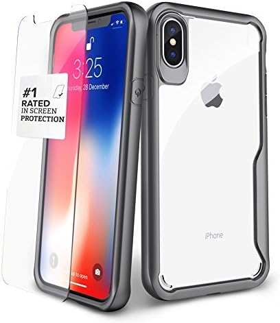 iPhone X Clear Case - with FREE Screen Protector | TPU Bumper+Scratch Resistant | Wireless Charger Compatible | Military Grade Drop Tested | Hard Back Panel Cover for iPhone X Case (Grey)