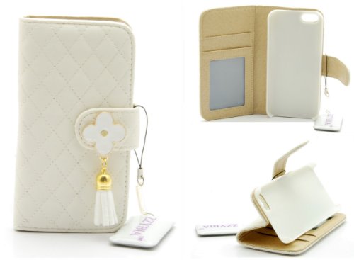 ZZYBIA® IP5 QF w Off White Leatherette Stand Case Card Holder Wallet for Apple Iphone 5 5s