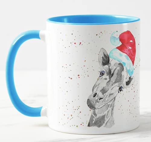 Vixar Christmas Giraffe Watercolour Rainbow Art Coloured Mug Cup, Gift, Work, Office, Christmas Tea Coffee (Blue)
