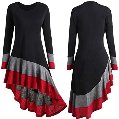 Malbaba Irregular Pleated Dress,Womens Stitching Color Long Sleeve O Neck Blouse Tops Long T Shirt