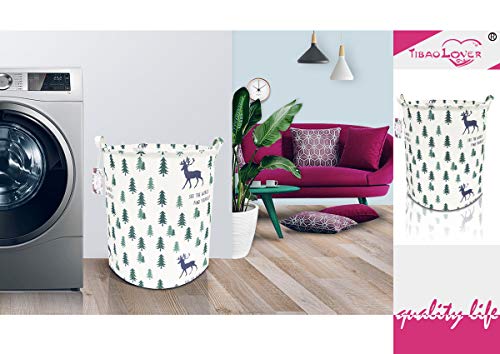 TIBAOLOVER 19.7" Large Sized Waterproof Foldable Canvas Laundry Hamper Bucket with Handles for Storage Bin,Kids Room,Home Organizer,Nursery Storage,Baby Hamper(Pine Trees and Deers) - Thumbnail 5