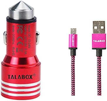 TALABOX 24W 3.1A 2 USB ports Metal steel high speed Car Charger + 3ft Micro USB Cable Charging for Samsung,Blackberry,Note, Nexus, HTC, Motorola, Nokia and All Andriod cell phones.(Red)