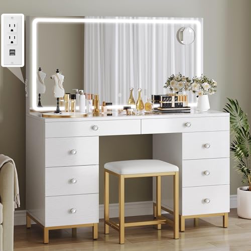 Photo 1 of DWVO White Vanity Desk with Large Mirror, Lights and Charging Station - Large Makeup Table Set with Magnifying Glass Drawers and 3 LED Light Modes, Upgraded