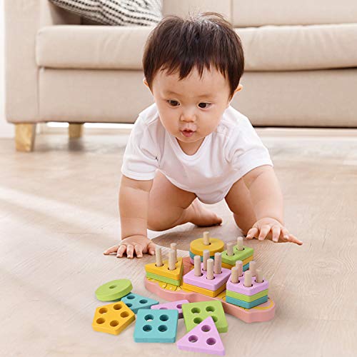 image for Roxenda Wooden Educational Toys, Wooden Shape Color Sorting Preschool 