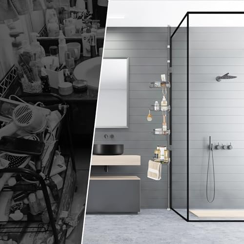 DUFU Telescopic Metal Shower Shelf with 4 Trays Adjustable Suitable for Ceilings from 85 to 325 cm Height for Organizing Bathtub or Bathroom Grey