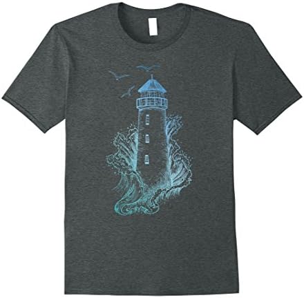 Mens Lighthouse TShirt - Pharos Wave and Seagull Tee Small Dark Heather