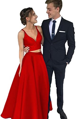 Dymaisei Women's V Neck Two Pieces Satin Prom Dresses 2018 Long Formal Party Dresses US6