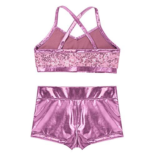 dPois Kids Girls' Polka Dot Strappy Top Bra with Shorts Set for Sports Workout Gymnastics Leotard Dancing Pink (Sequins) 8-10 - Thumbnail 4