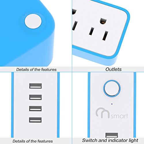 ONSMART USB Surge Protector Power Strip, 4 Multi Outlets with 4 USB Charging Ports, 3.4A Total Output-600J Surge Protector Power Bar, 6 ft Long UL Cord, Wall Mount-Blue