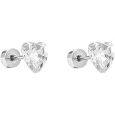 6mm Crystal Heart Cartilage Flat Back Stud Earrings for Women Stainless Steel Rhinestone Love Hearted Tragus Helix Screw Small Studs Earring Sparkling Valentine's Day Jewelry Gifts Birthday 18G