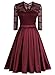 Mmondschein Women Vintage 1930s Style 3/4 Sleeve Black Lace A-line Party Dress DarkRed S