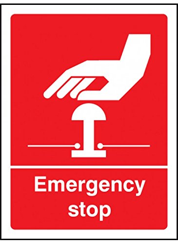 Caledonia Signs 26005A Emergency Stop White/Red Sign, Self Adhesive Vinyl, 100 mm x 75 mm