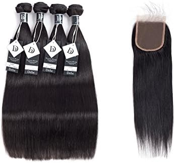 Debe Brazilian Hair Straight 4 Bundles with Lace Closure 8A Grade 100% Unprocessed Virgin Human Hair Weave with Baby Hair Free part Closure Natural Color (18 20 22 22+16 inches)