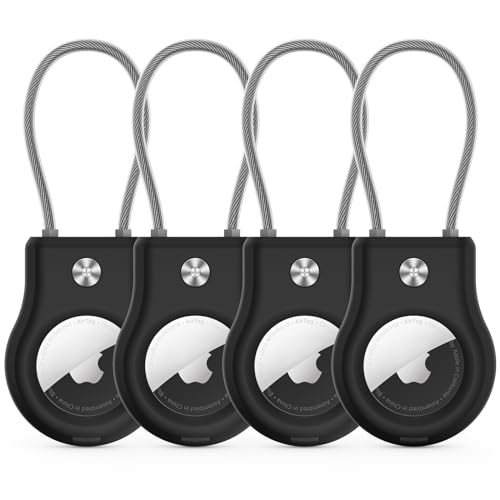Air Tag Holder - (4 Pack) Air tag Lock Keychain with Wire Cable Compatible with Apple AirTag,Ultra Durable Anti-Lost Protective Case with Keyring for Luggage, Key, Backpack, Pet, Bag, Black