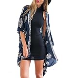 Fanala Summer Women Floral Chiffon Kimono Cardigan Robe Jacket Blouse Tops (Small, Navy Blue)