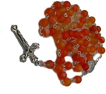 Catholic Rosary Necklace Antique Cross Red Stripy Agate 8mm Beads